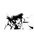 32x16 inches anime mouse pad with spiky-haired fighter art, sharp armor lines, splatter accents, crisp ink.