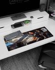 Cyberpunk anime girl with short black bob lounging knee-up on rooftop, detailed armor mouse pad 32x12 inches.