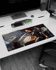 Anime girl mouse pad 32x16 inches showing a calm cyberpunk girl lounging knee-up, cables curling overhead.