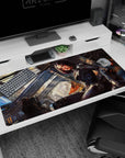 40x20 inches desk pad featuring a cyberpunk anime girl lounging knee-up on a rooftop with cables overhead.