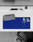 Cool navy and cobalt anime mouse pad 28x12 inches with calm, clean look and gold scarf accents.