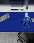 40x20 inches anime desk pad in cool navy and cobalt tones, calm clean vibe with gold accents.