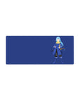 Minimalist anime mouse pad 28x12 inches with blue-haired swordsman on deep navy background.