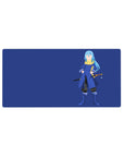 Anime mouse pad 32x16 inches with minimalist blue-haired swordsman on deep navy, katana and charm.