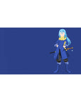 40x20 inches anime desk pad with minimalist blue-haired swordsman on deep navy background.