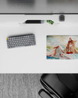 Dreamy 14x10 inches anime mouse pad in cream, teal, and warm gold with soft summer sunlight and mist.