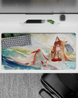 Dreamy anime desk mouse pad 32x16 inches in cream, teal, and gold swirls with soft summer sunlight.