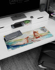 32x12 inches mouse pad showing a long-haired kitsune shrine maiden lounging in water with a floating mask.