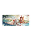 28x12 inches anime girl mouse pad with fox-eared shrine maiden, misty water, clouds, and gold swirls.