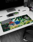 Artistic 36x16 inches mouse pad featuring a secret garden with lush greenery, radiant blooms, and a serene coastal view for tranquility.