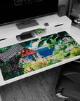 Large 40x20 inches mouse pad with a secret garden, featuring lush greenery, blooms, and a tranquil coastal view for a serene atmosphere.