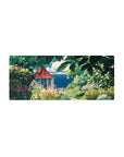 Mouse pad featuring a secret garden, 28x12 inches, with lush greenery, blooms, and a serene coastal view for tranquility.