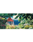 Mouse pad featuring a secret garden, 36x16 inches, with lush greenery, blooms, and a serene coastal view for peaceful reflection.