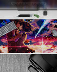 40x20 inches romantic desk pad in violet, coral, and midnight blues with dreamy cinematic glow.