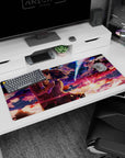 36x16 inches Your Name desk pad showing Taki and Mitsuha kissing under a blazing comet with petals.