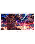32x16 inches anime mouse pad with kissing couple under a blazing comet, drifting petals, school uniforms.