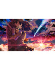 40x20 inches anime desk pad with kissing couple under a blazing comet, petals drifting, starburst sky.
