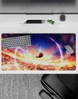 Anime girl mouse pad 32x16 inches in sunset gold and deep violet space tones, calm dreamy vibe.