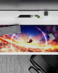 36x16 inches anime desk pad in sunset gold and deep violet tones, dreamy calm night-sky aesthetic.