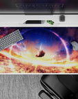 Sunset gold and deep violet anime desk pad 40x20 inches, dreamy calm mood with warm clouds and stars.