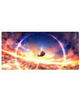 Anime girl mouse pad 32x16 inches with falling silhouette, glowing sky ring, stars, and soft clouds.