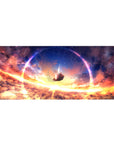 36x16 inches anime girl desk pad with falling silhouette, glowing ring, stars, and warm cloud texture.
