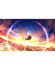 Anime girl desk pad 40x20 inches with falling silhouette, starry sky, and glowing ring arc design.