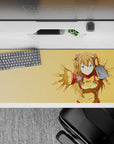 Anime mouse pad 36x16 inches featuring Asuka Langley in her test suit with a vibrant orange backdrop, perfect for Eva fans.