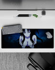 Anime mouse pad 32x12 inches featuring a mysterious character with obsidian black hair and icy blue background.