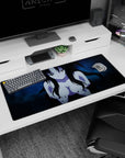 Anime mouse pad 36x16 inches featuring a mysterious character with obsidian black hair and icy blue background.