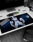 Anime mouse pad 40x20 inches with character smirking, dark hair flowing over blue background, creating a mysterious vibe.