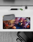 28x12 inches anime girl mouse pad in warm gold light and midnight blue tones, dreamy chaotic fantasy vibe.