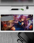 32x16 inches desk mat in warm gold light and deep blue tones, dreamy chaotic anime aesthetic mouse pad.