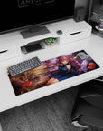 Violet-haired ribbon twin-tail girl drifting among floating books on mouse pad 32x12 inches.