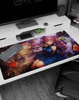 Violet-haired ribbon twin-tail anime girl drifting under stone arches with paper shards, desk pad 40x20 inches.