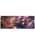 Anime girl mouse pad 32x12 inches with violet twin tails in a shattered floating library scene.