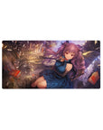 32x16 inches anime girl mouse pad with violet twin tails in a shattered library, floating books and arches.