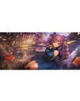 Anime girl desk pad 36x16 inches with violet twin tails floating through a shattered library of books.