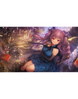 Anime girl desk pad 40x20 inches with violet twin-tail character in a shattered library and floating books.