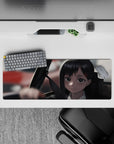 Anime mouse pad 32x12 inches featuring Reze from Chainsaw Man with moody greys and red accents, exuding calm style.
