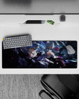 Intense 32x12 desk pad features Rem, Ram, and Emilia in action with intricate details for fans of beloved anime artistry