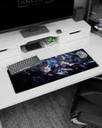 Small but impactful 32x12 desk pad showcases anime-inspired heroism with striking contrasts and graceful sophistication