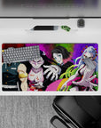 Anime mouse pad 32x16 inches featuring Tengen Uzui, Nezuko, Gyutaro, and Daki from Demon Slayer in vibrant colors.