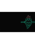 Anime desk pad 40x20 inches featuring a glowing oni mask with twin blades, teal outline on black, fiery hair, and kanji.