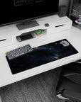 Arcane circle map-style galaxy mouse pad 32x12 inches, framed by swirling navy clouds and tiny stars.