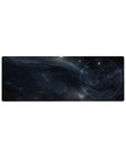 Midnight galaxy desk mouse pad 32x12 inches with smoky navy clouds, starlight speckles, and arcane circle.