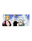 Bleach anime mouse pad 28x12 inches featuring Captains Rangiku and Tōshirō with icy blues and bold character lines.