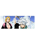 Anime mouse pad 32x12 inches featuring Bleach captains Rangiku and Tōshirō with icy mountains and bold colors.