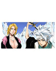 Anime mouse pad 32x16 inches featuring Bleach captains Rangiku and Tōshirō with icy mountains and vibrant colors.