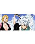 Bleach anime desk pad 36x16 inches featuring Tōshirō Hitsugaya and Rangiku Matsumoto with icy mountains and bold colors.
